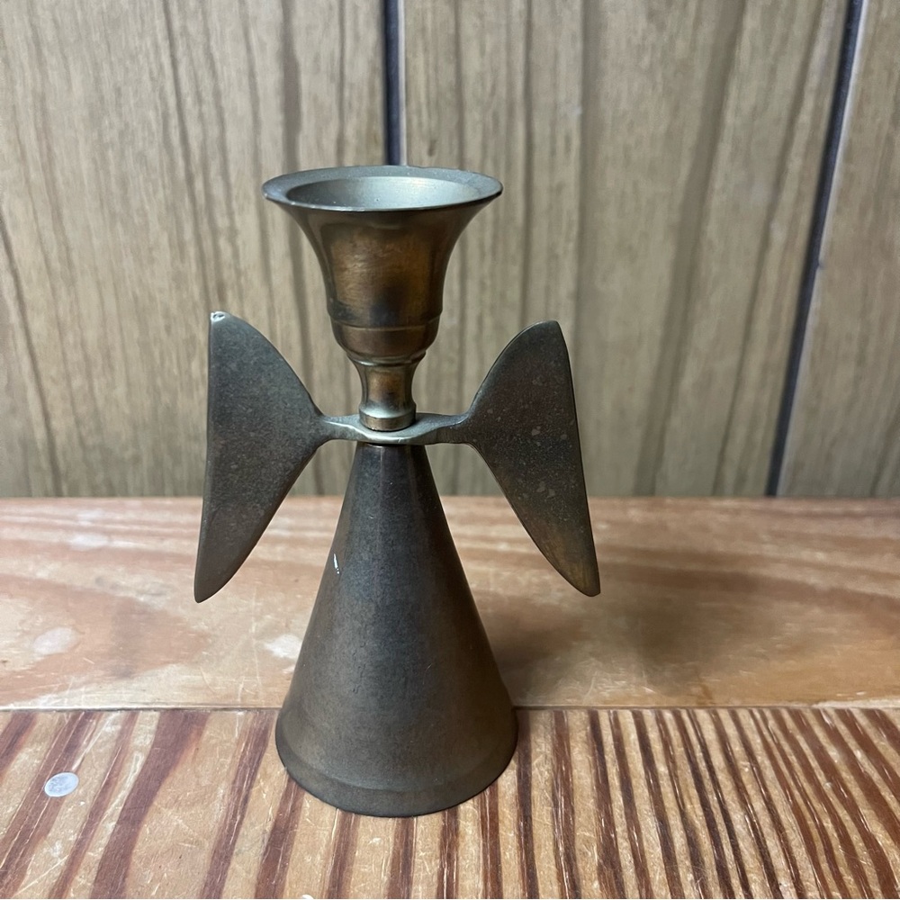 Vintage Solid Brass Angel Candle Holder Bell Removable Wings, MCM India -4” Tall